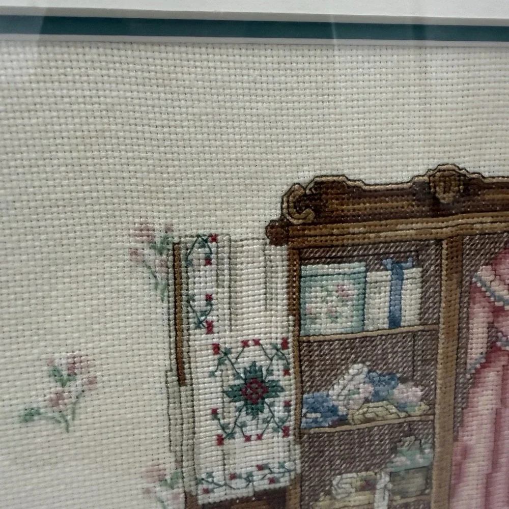 Vtg Embroidered Cross Stitched Wall Art Fashion Victorian Decor Matted Framed